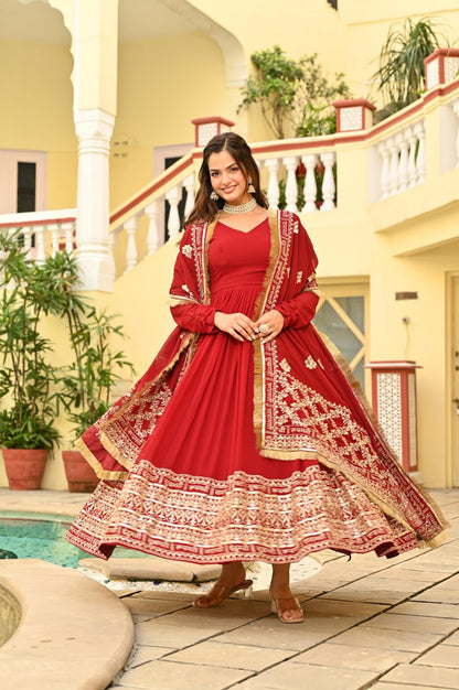 Red Color Embrooidered Designer Gown Set