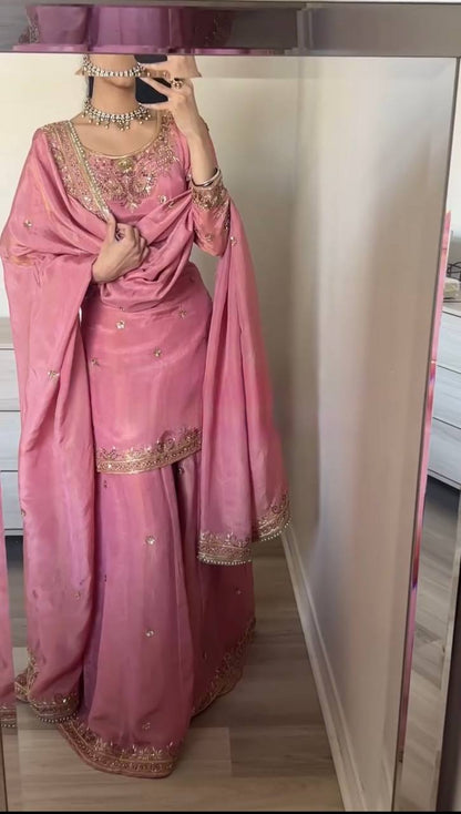 Wedding Wear Pink Color Heavy Pure Chinon Silk With 5mm Embroidery Sequence Work Sharara Suit
