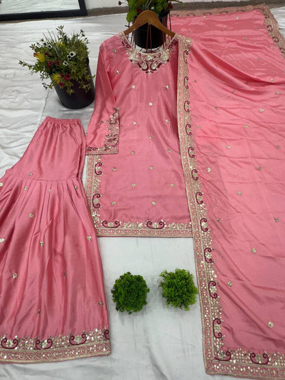Wedding Wear Pink Color Heavy Pure Chinon Silk With 5mm Embroidery Sequence Work Sharara Suit