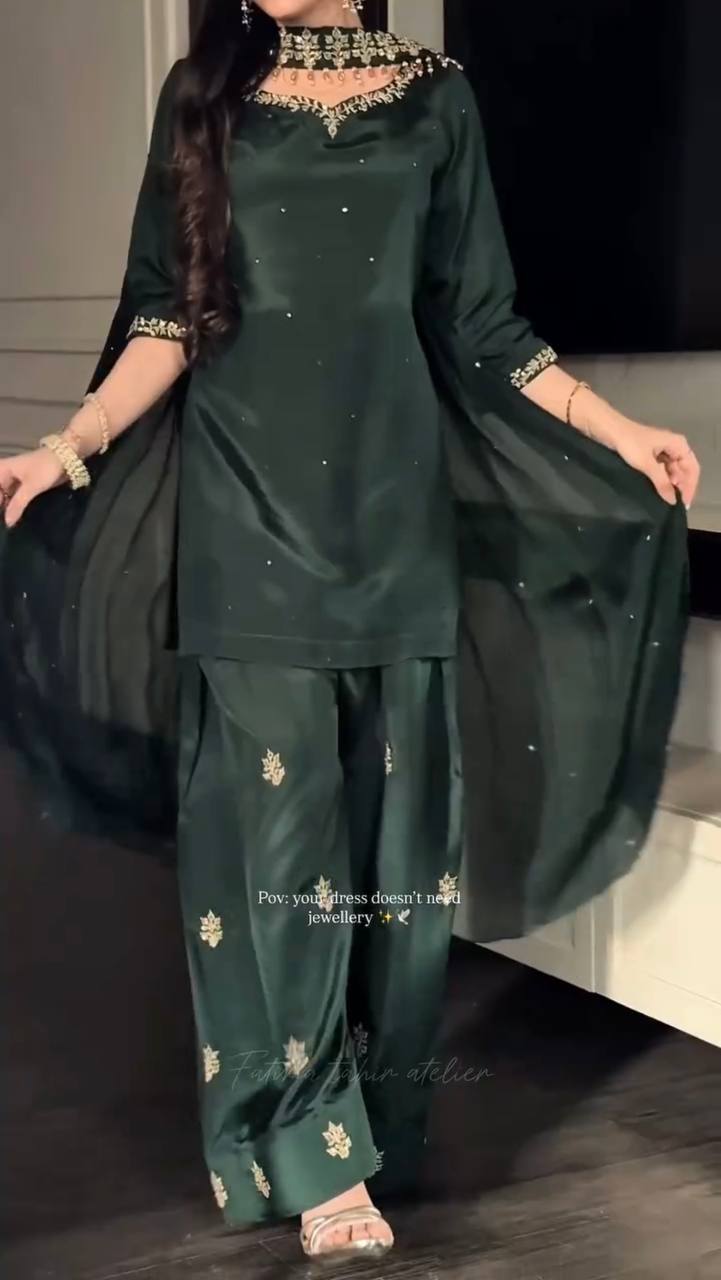 Peacful Green Color Sequence Embroidered Plazzo Suit With Dupatta
