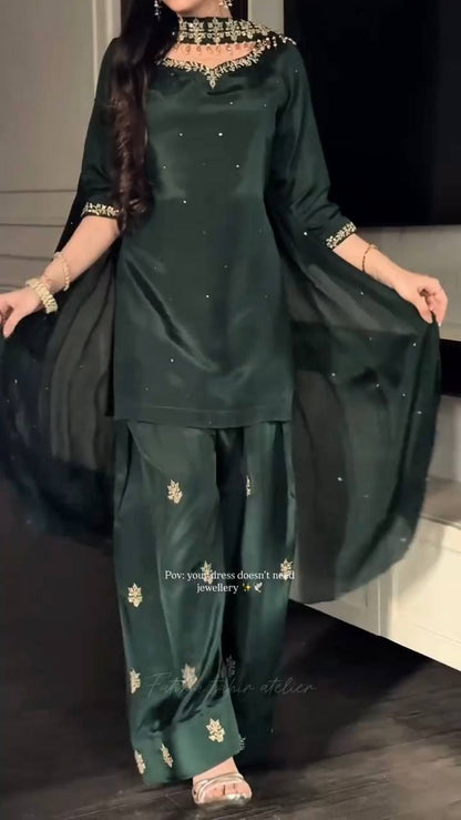 Peacful Green Color Sequence Embroidered Plazzo Suit With Dupatta