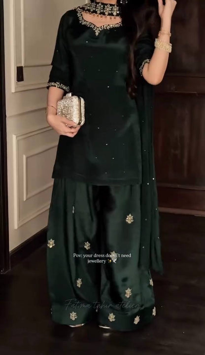 Peacful Green Color Sequence Embroidered Plazzo Suit With Dupatta
