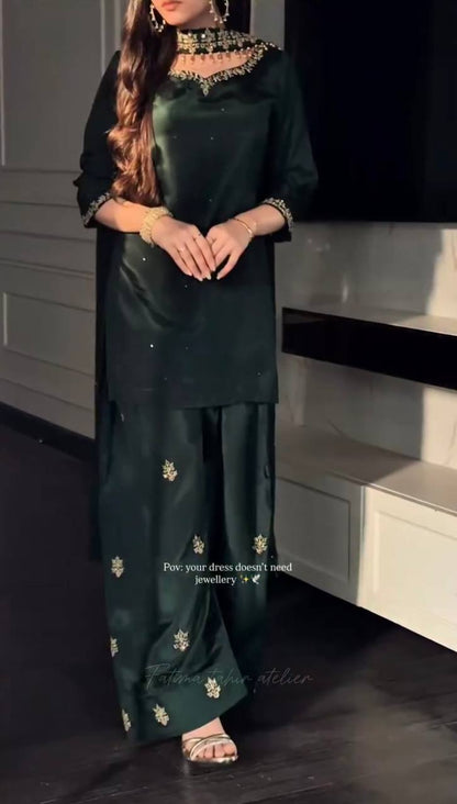 Peacful Green Color Sequence Embroidered Plazzo Suit With Dupatta