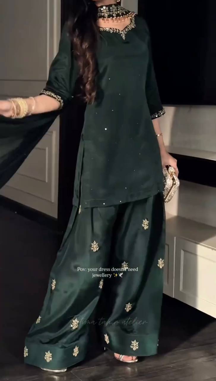 Peacful Green Color Sequence Embroidered Plazzo Suit With Dupatta
