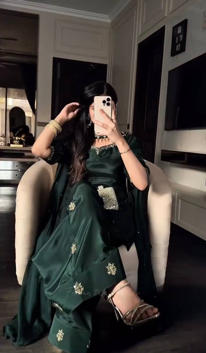 Peacful Green Color Sequence Embroidered Plazzo Suit With Dupatta