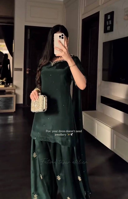 Peacful Green Color Sequence Embroidered Plazzo Suit With Dupatta