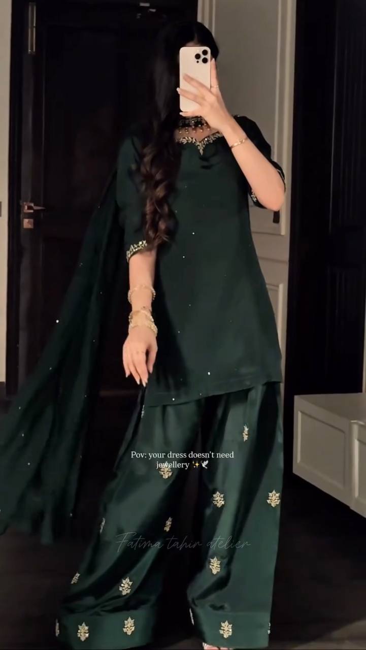 Peacful Green Color Sequence Embroidered Plazzo Suit With Dupatta
