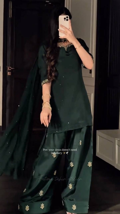 Peacful Green Color Sequence Embroidered Plazzo Suit With Dupatta