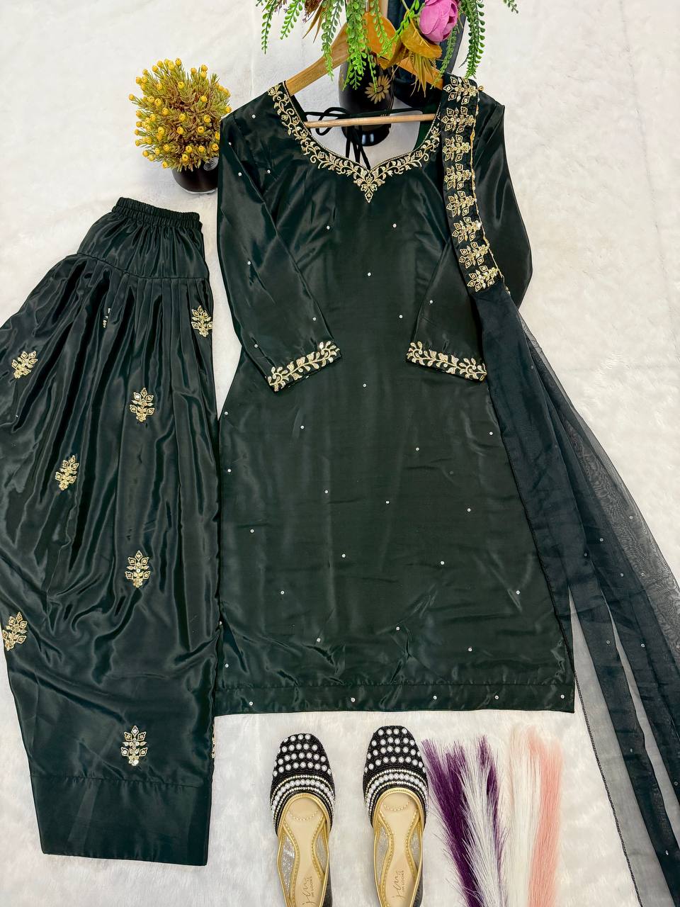 Peacful Green Color Sequence Embroidered Plazzo Suit With Dupatta
