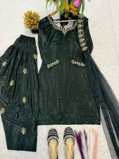 Peacful Green Color Sequence Embroidered Plazzo Suit With Dupatta