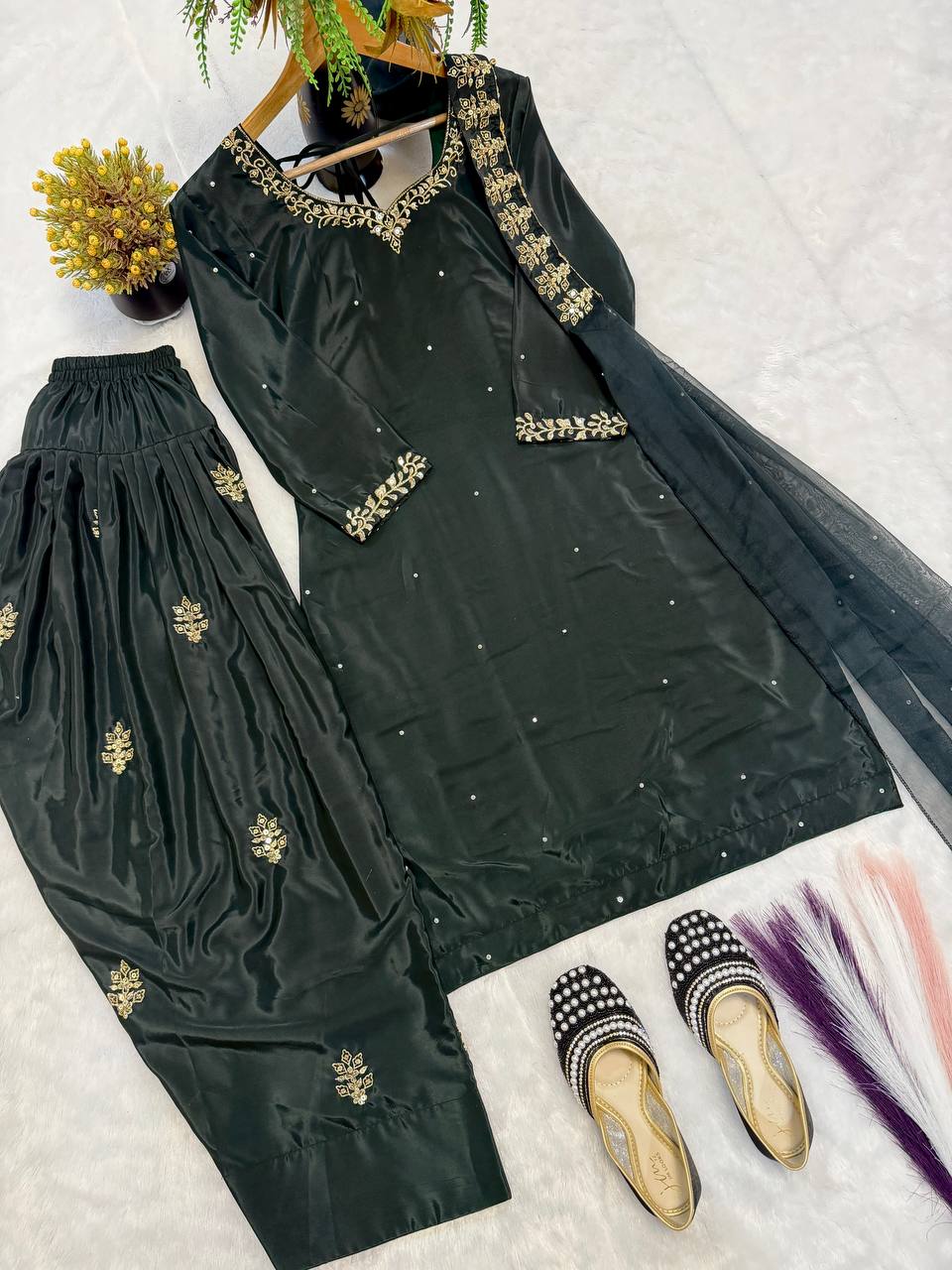 Peacful Green Color Sequence Embroidered Plazzo Suit With Dupatta