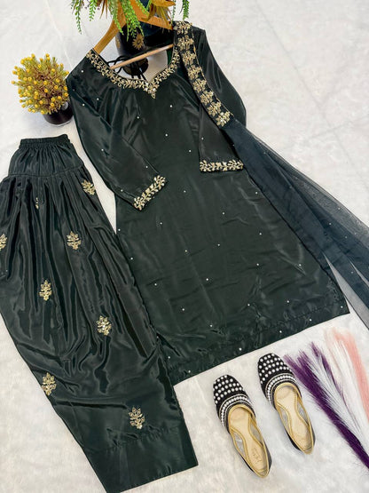 Peacful Green Color Sequence Embroidered Plazzo Suit With Dupatta