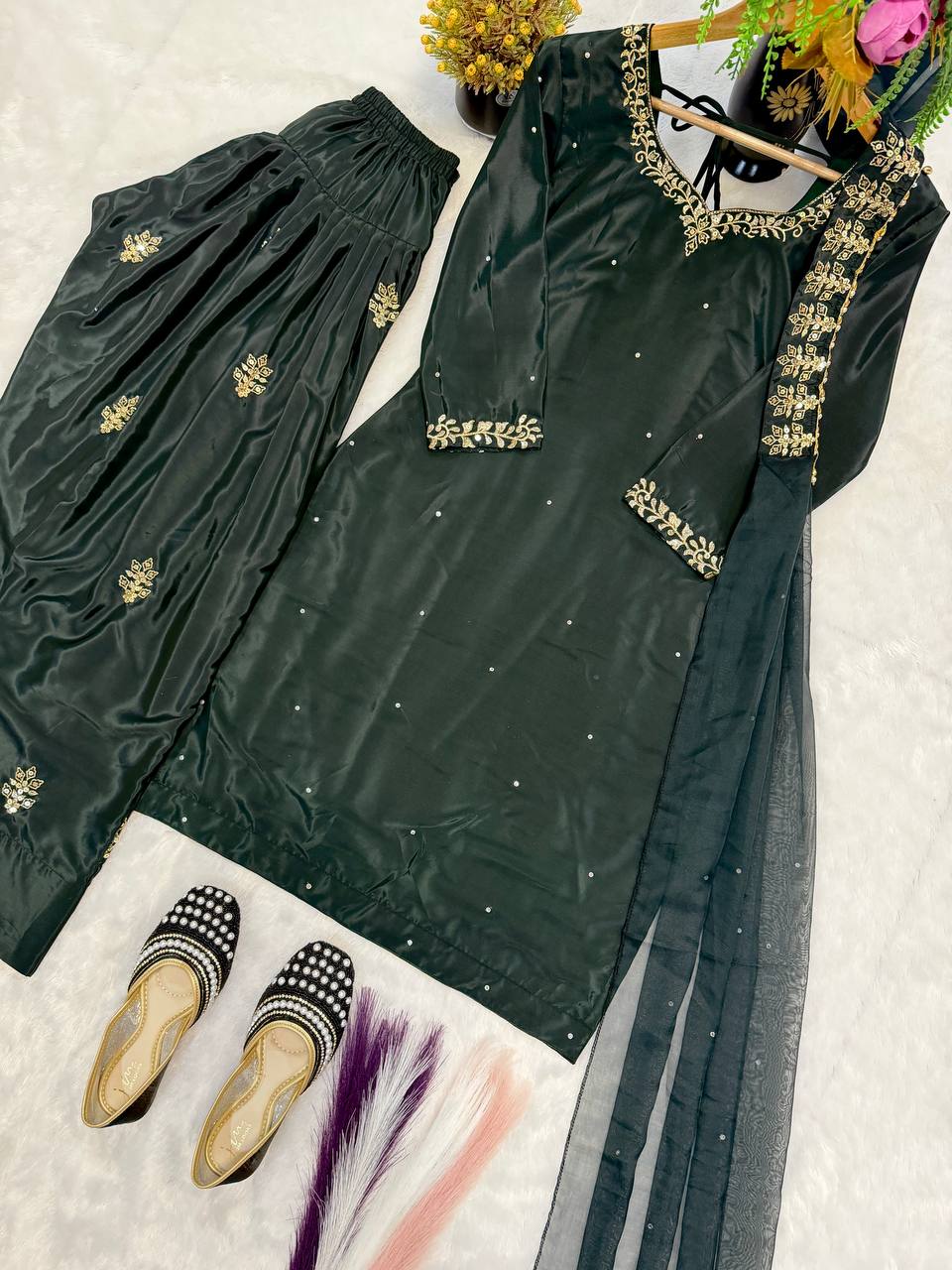 Peacful Green Color Sequence Embroidered Plazzo Suit With Dupatta