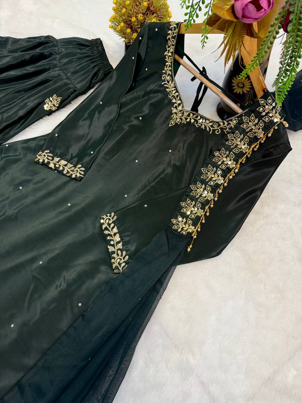 Peacful Green Color Sequence Embroidered Plazzo Suit With Dupatta