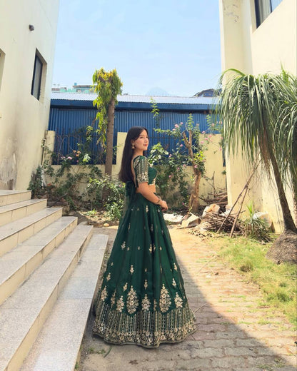 Fabulous Green Color Jimmy Choo Silk With Embroidery Sequence Work Lehenga Choli
