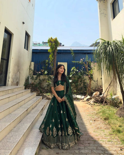 Fabulous Green Color Jimmy Choo Silk With Embroidery Sequence Work Lehenga Choli