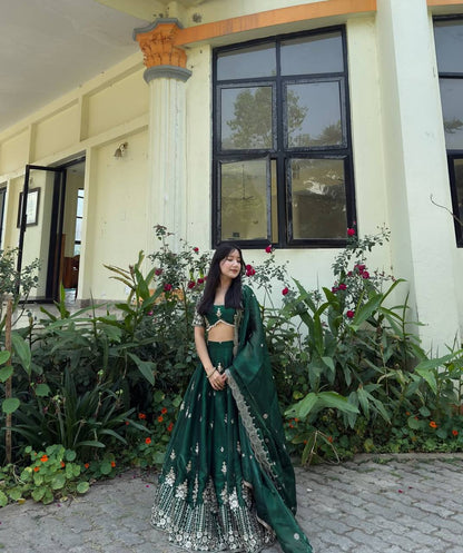Fabulous Green Color Jimmy Choo Silk With Embroidery Sequence Work Lehenga Choli