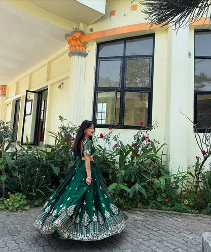 Fabulous Green Color Jimmy Choo Silk With Embroidery Sequence Work Lehenga Choli