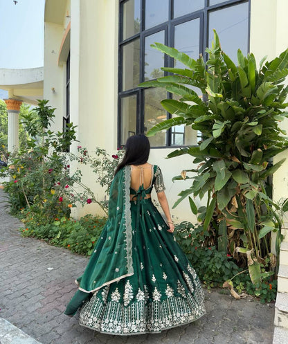Fabulous Green Color Jimmy Choo Silk With Embroidery Sequence Work Lehenga Choli