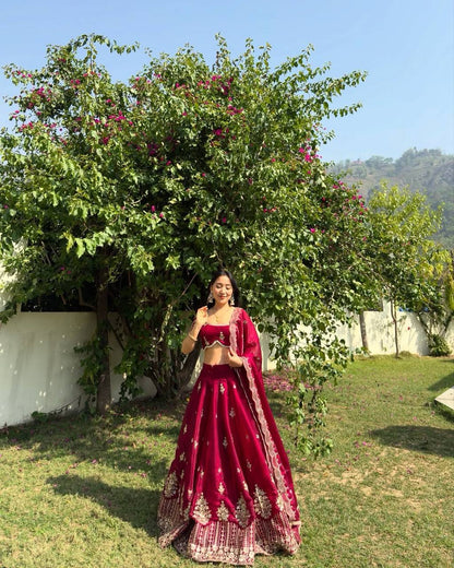 Fabulous Maroon Color Jimmy Choo Silk With Embroidery Sequence Work Lehenga Choli