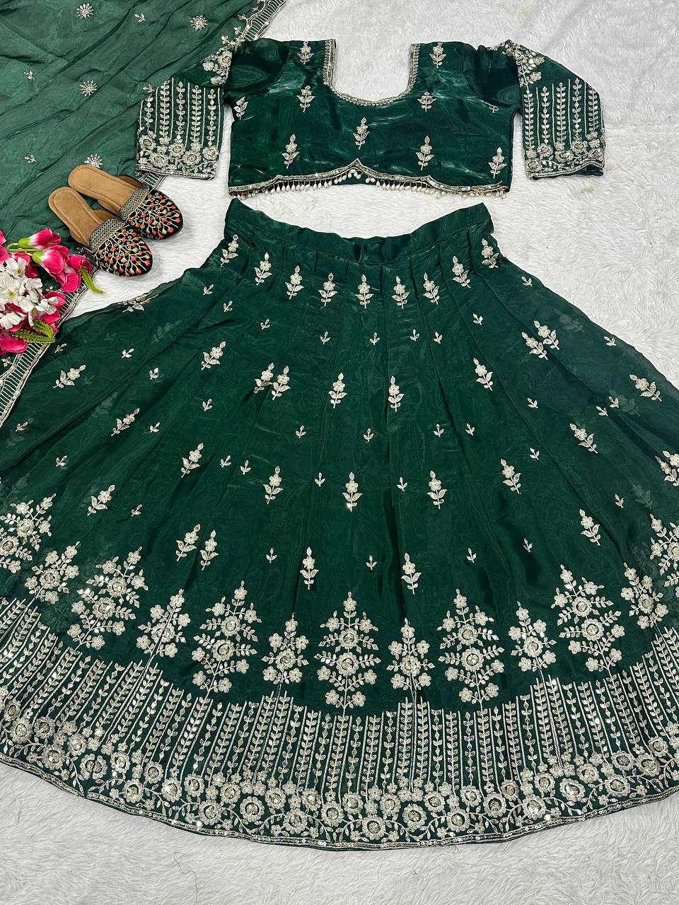 Fabulous Green Color Jimmy Choo Silk With Embroidery Sequence Work Lehenga Choli