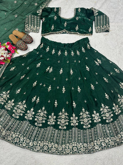 Fabulous Green Color Jimmy Choo Silk With Embroidery Sequence Work Lehenga Choli