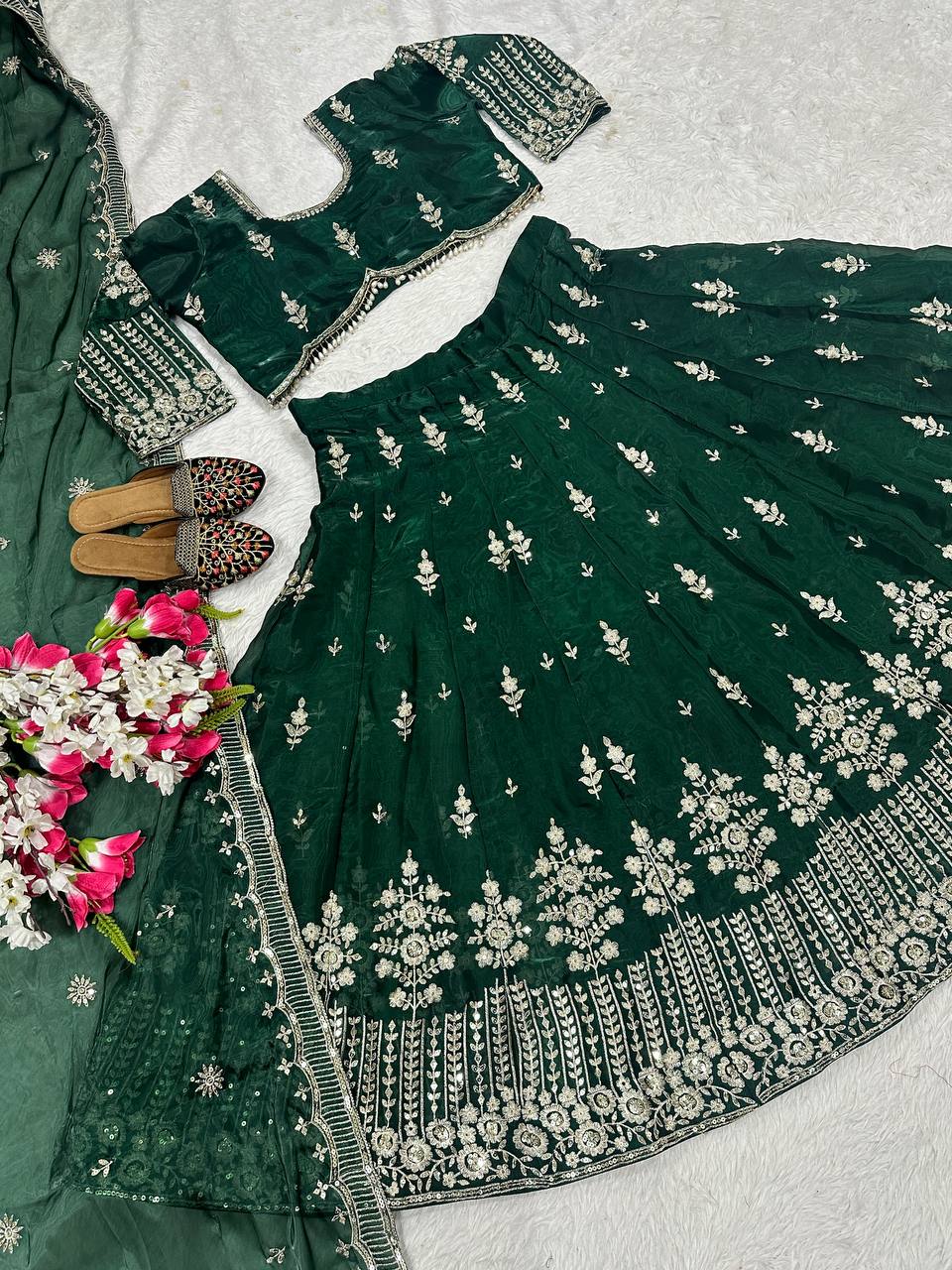 Fabulous Green Color Jimmy Choo Silk With Embroidery Sequence Work Lehenga Choli