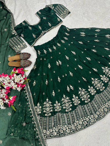 Fabulous Green Color Jimmy Choo Silk With Embroidery Sequence Work Lehenga Choli