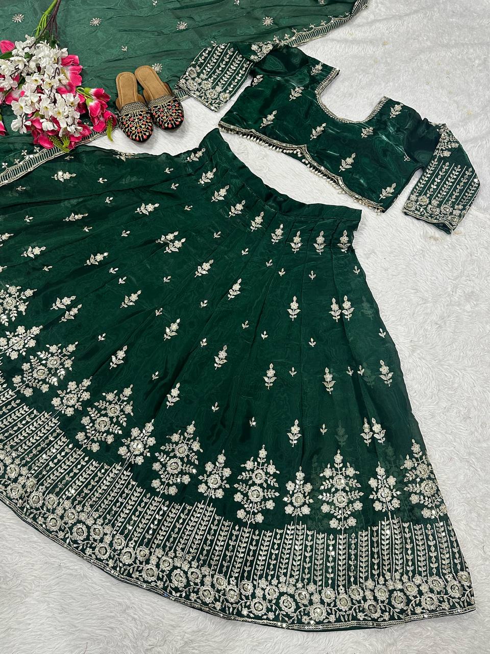 Fabulous Green Color Jimmy Choo Silk With Embroidery Sequence Work Lehenga Choli