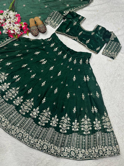 Fabulous Green Color Jimmy Choo Silk With Embroidery Sequence Work Lehenga Choli