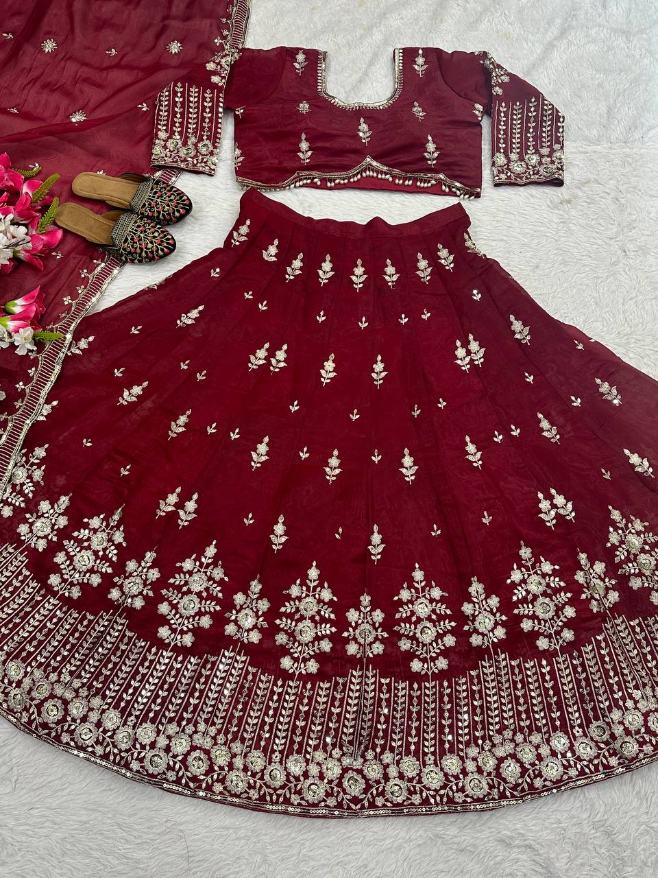 Fabulous Maroon Color Jimmy Choo Silk With Embroidery Sequence Work Lehenga Choli