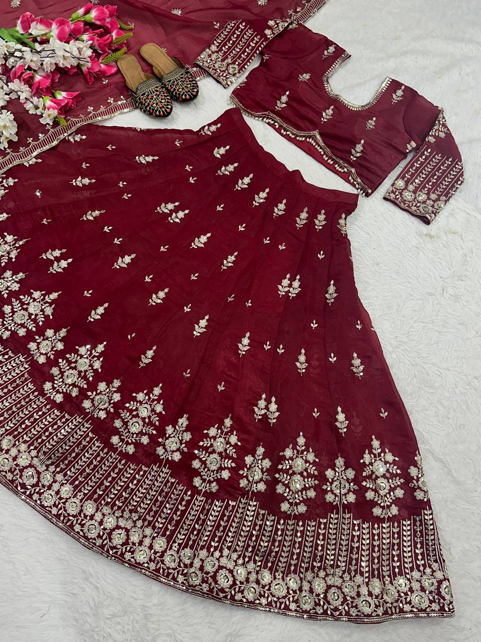 Fabulous Maroon Color Jimmy Choo Silk With Embroidery Sequence Work Lehenga Choli