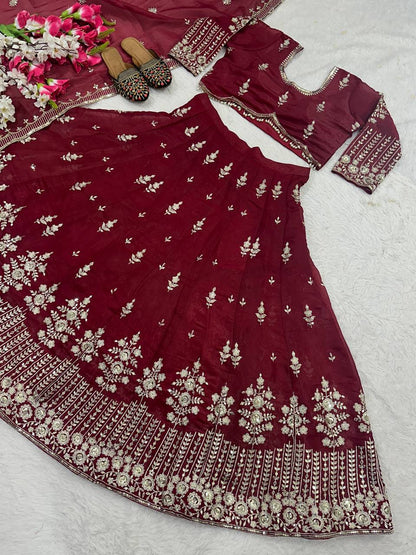 Fabulous Maroon Color Jimmy Choo Silk With Embroidery Sequence Work Lehenga Choli