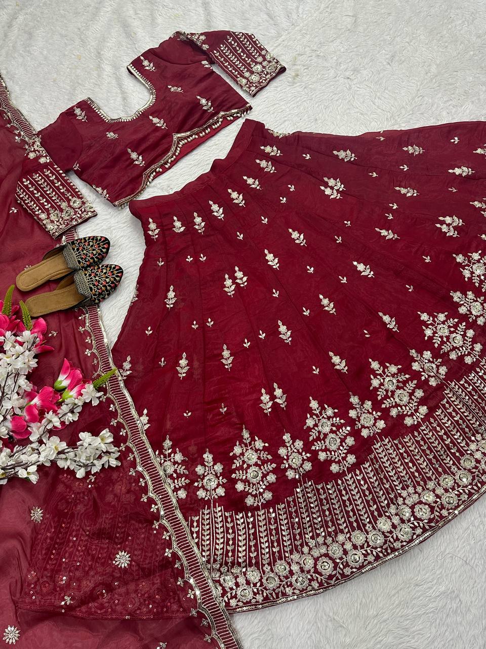 Fabulous Maroon Color Jimmy Choo Silk With Embroidery Sequence Work Lehenga Choli