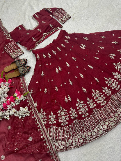 Fabulous Maroon Color Jimmy Choo Silk With Embroidery Sequence Work Lehenga Choli
