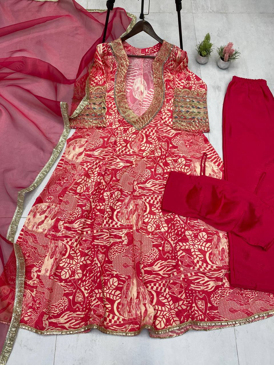 Trendy Red Color Printed Chinon With Embroidered And Real Mirror Work Salwar Suit