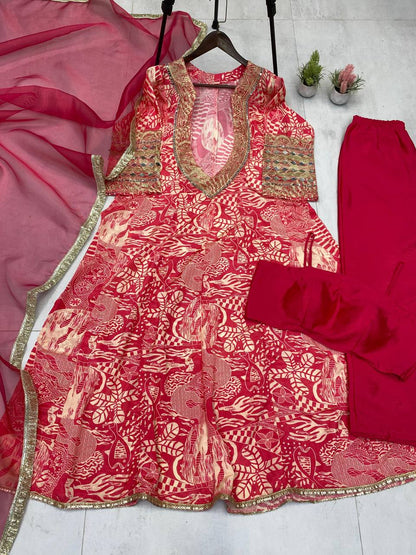 Trendy Red Color Printed Chinon With Embroidered And Real Mirror Work Salwar Suit