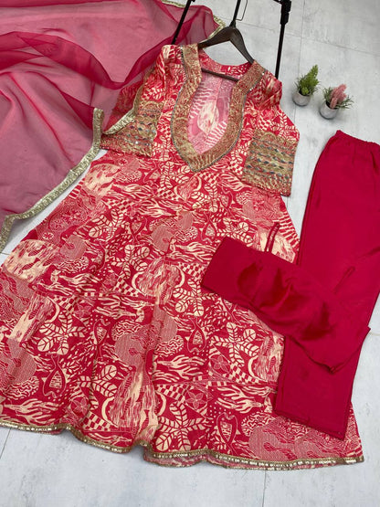 Trendy Red Color Printed Chinon With Embroidered And Real Mirror Work Salwar Suit