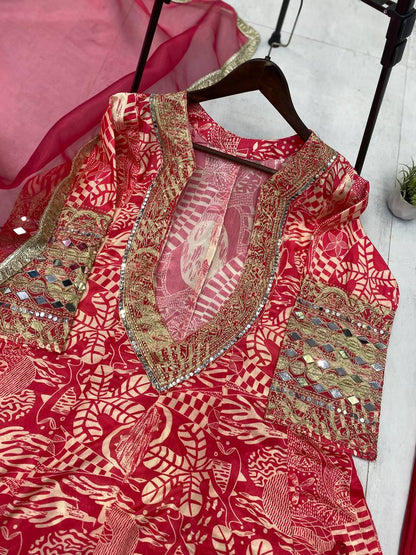 Trendy Red Color Printed Chinon With Embroidered And Real Mirror Work Salwar Suit