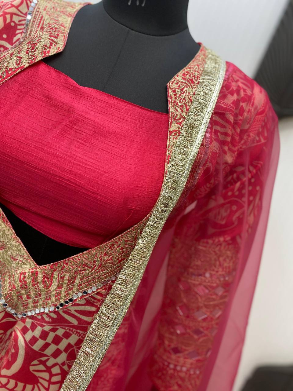 Trendy Red Color Printed Chinon With Embroidered And Real Mirror Work Salwar Suit