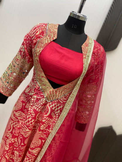 Trendy Red Color Printed Chinon With Embroidered And Real Mirror Work Salwar Suit