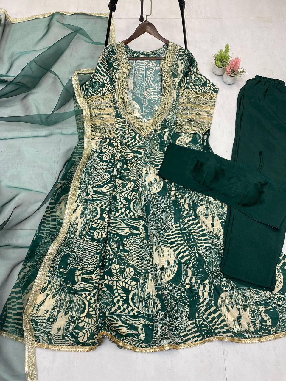 Trendy Green Color Printed Chinon With Embroidered And Real Mirror Work Salwar Suit
