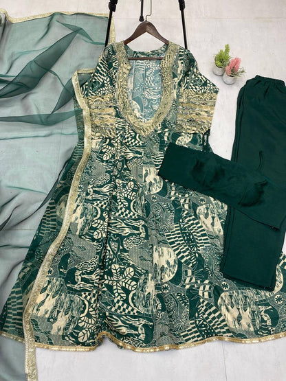 Trendy Green Color Printed Chinon With Embroidered And Real Mirror Work Salwar Suit