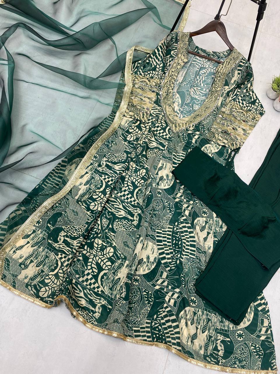Trendy Green Color Printed Chinon With Embroidered And Real Mirror Work Salwar Suit