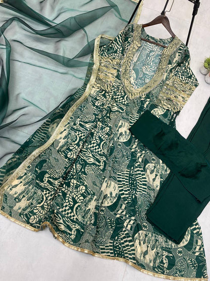 Trendy Green Color Printed Chinon With Embroidered And Real Mirror Work Salwar Suit