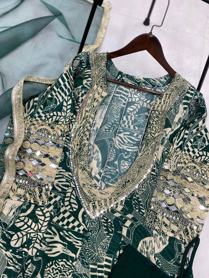 Trendy Green Color Printed Chinon With Embroidered And Real Mirror Work Salwar Suit