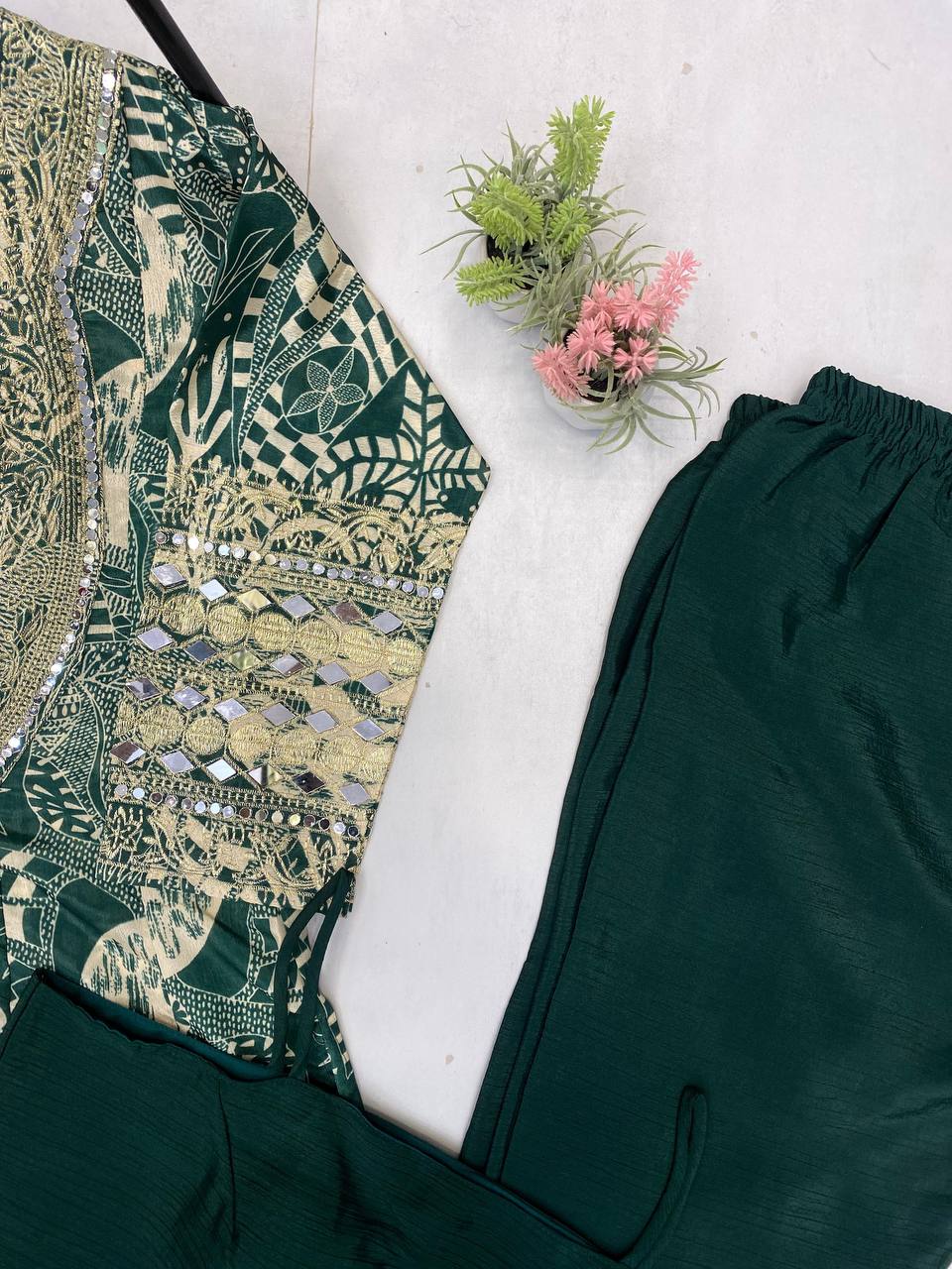 Trendy Green Color Printed Chinon With Embroidered And Real Mirror Work Salwar Suit