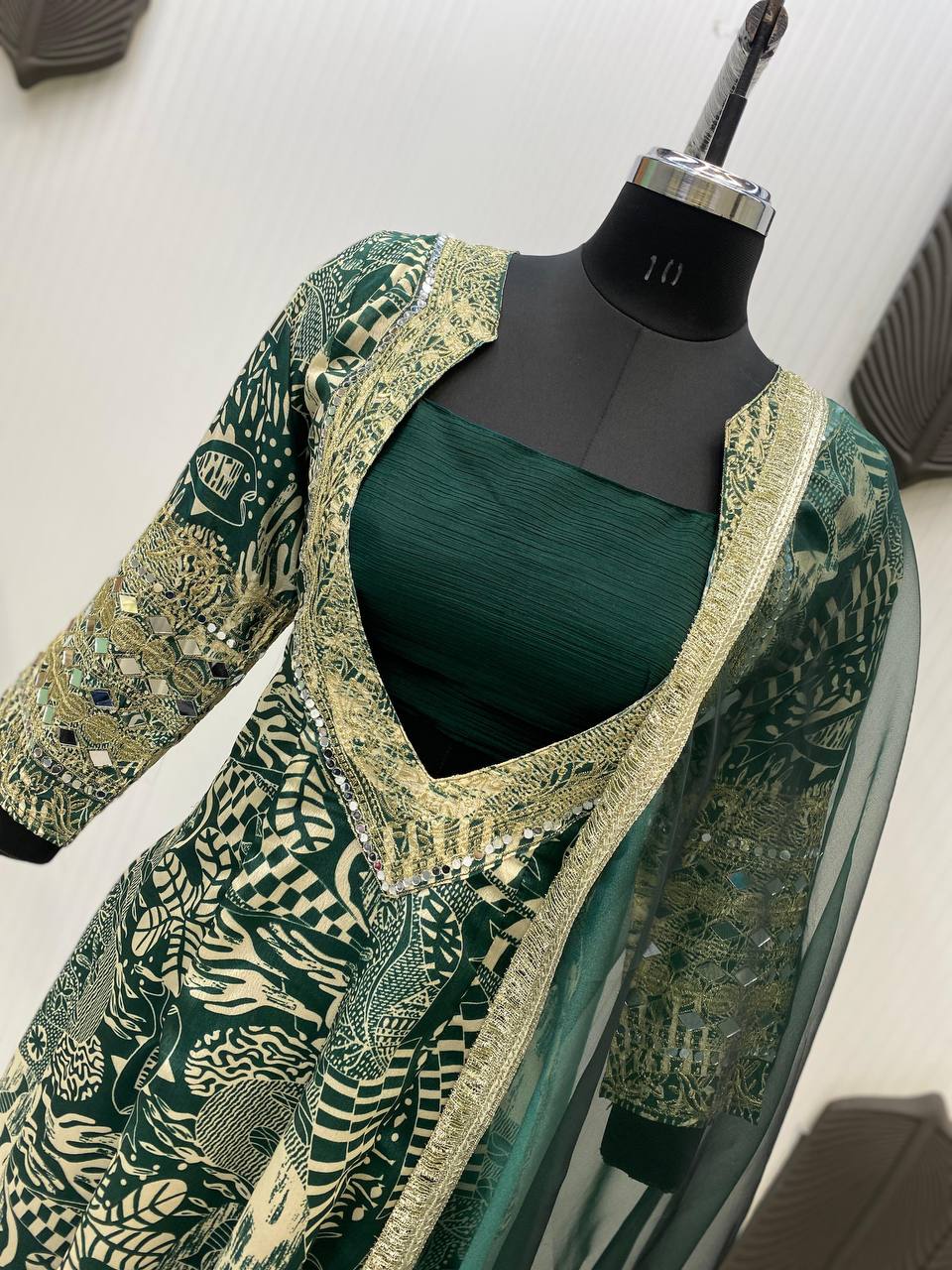 Trendy Green Color Printed Chinon With Embroidered And Real Mirror Work Salwar Suit