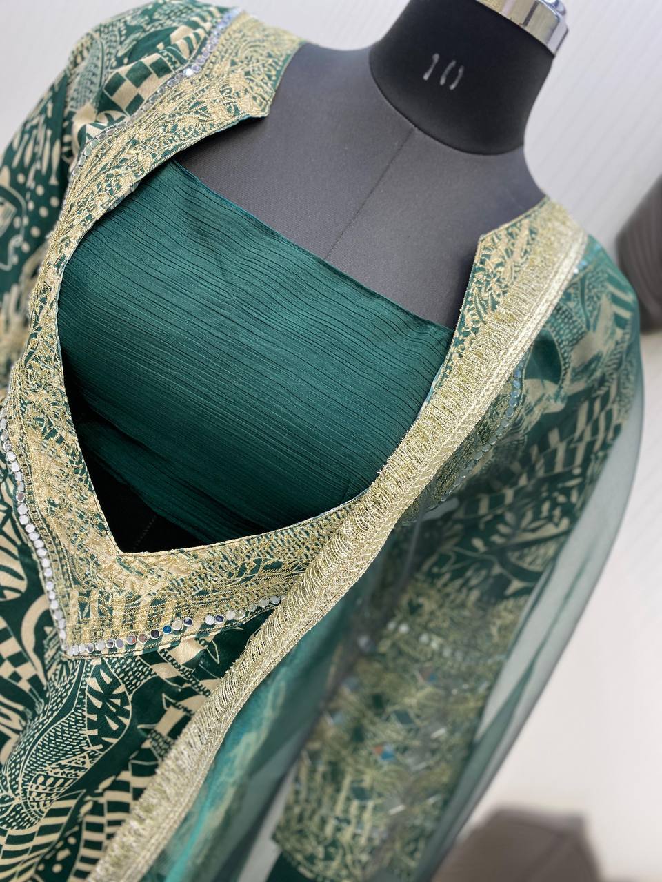 Trendy Green Color Printed Chinon With Embroidered And Real Mirror Work Salwar Suit