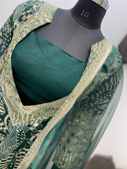 Trendy Green Color Printed Chinon With Embroidered And Real Mirror Work Salwar Suit